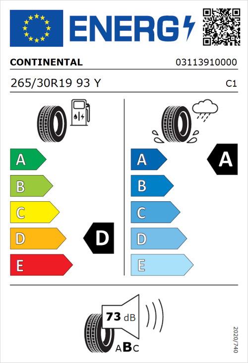 Tyre Label for Continental SportContact 7 265/30R19 93Y