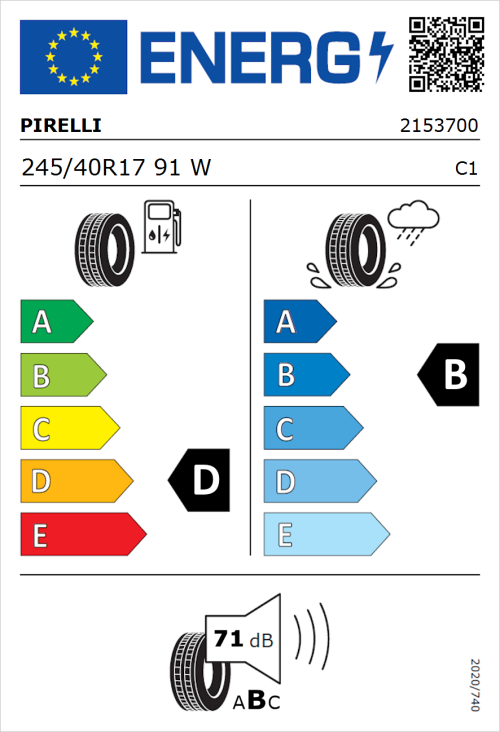 Tyre Label for Pirelli Cinturato P7 245/40R17 91W